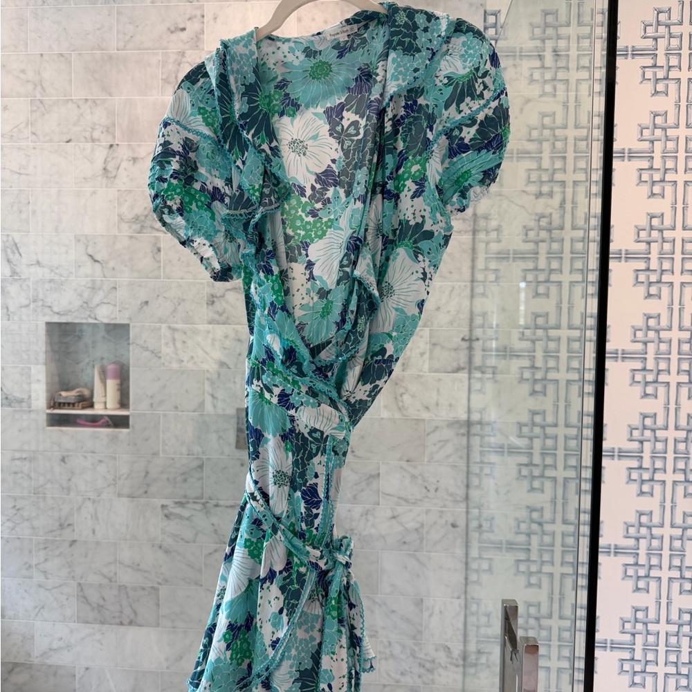 Poupette St. Barth Teal, Blue & White Floral Wrap Maxi Dress